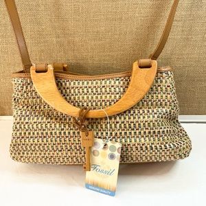 Vintage Fossil Purse Bag Satchel With Wooden Handles and Key Accessory